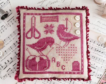 Cross Stitch Pattern, Gathering Stitches, Tomato Pincushion, Birds, Scissors, Sampler, Pillow Ornament, Luminous Fiber Arts, PATTERN ONLY