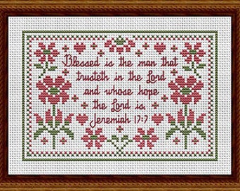 Counted Cross Stitch Pattern, Whose Hope The Lord Is, Inspirational Sampler, Flower Motifs, Hearts, Happiness is Heart Made, PATTERN ONLY