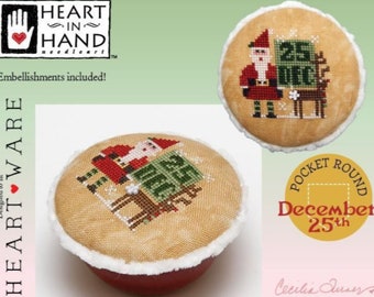 Counted Cross Stitch Pattern, Pocket Round, December 25th, Christmas Decor, Santa Claus, Rudolph, Heart in Hand, PATTERN ONLY