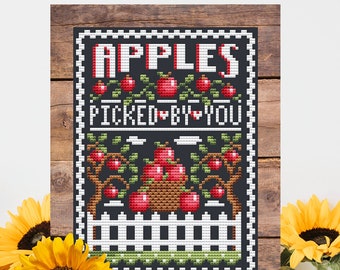 Counted Cross Stitch, Apples Sign, Autumn Decor, Apple Tree, Basket, Picket Fence,  Pillow Ornament, Shannon Christine Designs, PATTERN ONLY