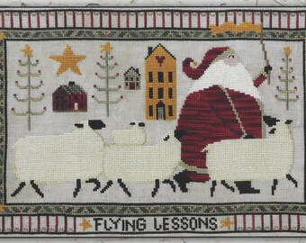 Counted Cross Stitch Pattern, Flying Lessons, Christmas Decor, Santa, Sheep, Country Decor, Primitive Decor, Teresa Kogut, PATTERN ONLY