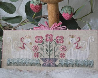 Counted Cross Stitch Pattern, Sur l' etang, On the Pond, Swans, Flower Motifs, Pillow Ornament, Water, Collection Tralala, PATTERN ONLY