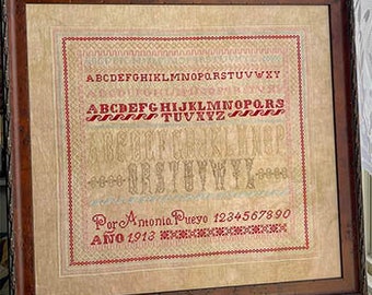 Counted Cross Stitch Pattern, Antonia Pueyo 1913, Spanish Antique Reproduction Sampler, Alphabet Sampler, Jan Hicks Creates, PATTERN ONLY