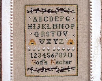 Cross Stitch Pattern, Honey Bee Sampler, Beehives, Flowers, Farmhouse Country, Alphabet Sampler, The Prairie Grove Peddler, PATTERN ONLY
