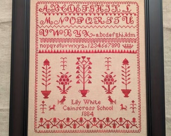 Counted Cross Stitch Pattern, Lily White 1884, Reproduction Sampler, Antique Reproduction, English Sampler, Lila's Studio, PATTERN ONLY