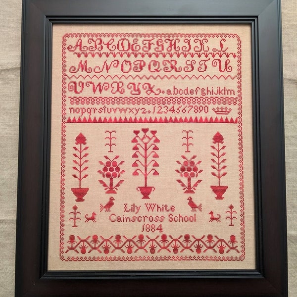 Counted Cross Stitch Pattern, Lily White 1884, Reproduction Sampler, Antique Reproduction, English Sampler, Lila's Studio, PATTERN ONLY