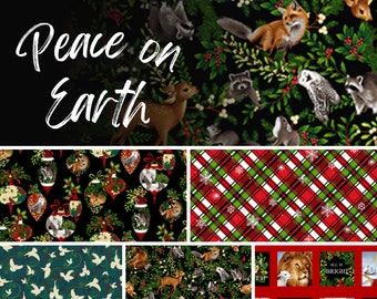 Quilt Fabric, Peace on Earth, Christmas Fabric, Bears, Moose, Lions, Squirrels, Raccoons, Doves, Color Principle, Henry Glass Fabrics