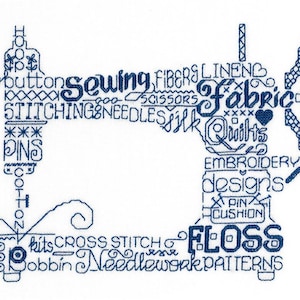 May include: A blue and white illustration of a sewing machine with the words "sewing", "fabric", "needles", "pins", "floss", "embroidery", "designs", "kits", "cross stitch", "bobbin", and "needlework patterns" incorporated into the design.