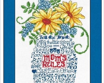 Counted Cross Stitch Pattern, Let's Listen To Mom, Flower Bouquet, Mom's Rules, Mother's Day, Sunflowers, Imaginating, PATTERN or KIT ONLY