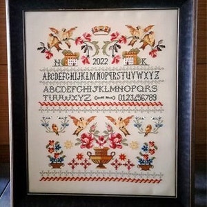 Cross Stitch Pattern, Gold Birds Sampler, Band Sampler, Alphabet Sampler, Birds, Flower Motifs, Keys, Twin Peak Primitives, PATTERN ONLY