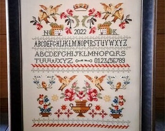 Cross Stitch Pattern, Gold Birds Sampler, Band Sampler, Alphabet Sampler, Birds, Flower Motifs, Keys, Twin Peak Primitives, PATTERN ONLY