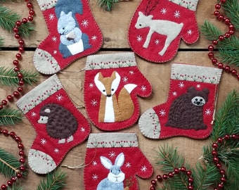 Wool Applique Pattern and Kit, Christmas Critters, Christmas Ornaments, Fox, Bunny, Wool Ornaments, Rachel's of Greenfield, PATTERN AND KIT