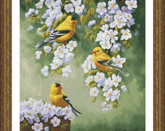 Counted Cross Stitch Pattern, Goldfinch Blossoms, Yellow Goldfinch, Blossoms, Birds, Blooms, Christa Forest, Kustom Krafts, PATTERN ONLY