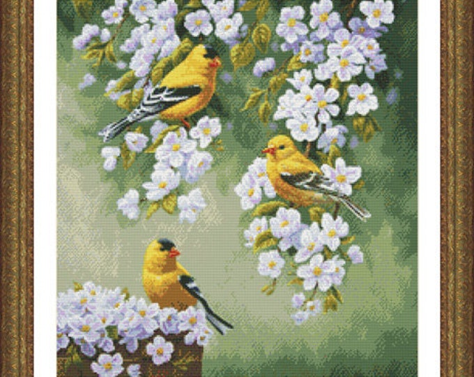 Counted Cross Stitch Pattern, Goldfinch Blossoms, Yellow Goldfinch