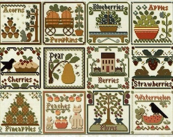 Counted Cross Stitch Pattern, Fruit of the Seasons, Acorns, Pumpkins, Saltbox House, Watermelon, Little House Needlework, PATTERN ONLY