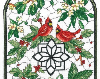 Counted Cross Stitch Pattern, Winter Stained Glass, Cardinals, Holly Berries, Winter Decor, Imaginating, Ursula Michael, PATTERN or KIT ONLY