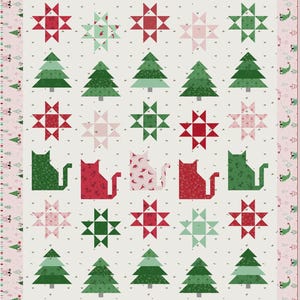 May include: A Christmas-themed quilt featuring a repeating pattern of green Christmas trees, red and pink starbursts, and cat silhouettes. The quilt has a white background with a pink border decorated with festive elements.