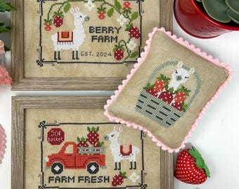 Counted Cross Stitch Pattern, Llama Berry Farm, Summer Decor, Flower Motifs, Strawberries, Pick Up Truck, Tiny Modernist, PATTERN ONLY