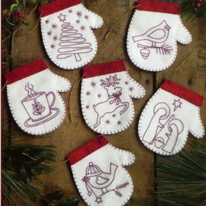 Redwork Embroidery Pattern and Kit, Redwork Mittens, Christmas Mitten Ornaments, Redwork Stitchery, Rachel's of Greenfield, PATTERN AND KIT image 1