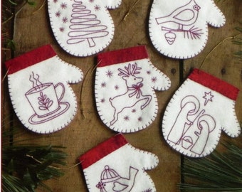 Redwork Embroidery Pattern and Kit, Redwork Mittens, Christmas Mitten Ornaments, Redwork Stitchery, Rachel's of Greenfield, PATTERN AND KIT