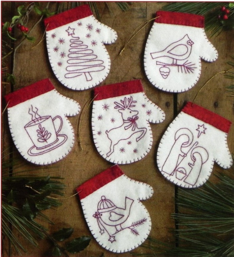 Redwork Embroidery Pattern and Kit, Redwork Mittens, Christmas Mitten Ornaments, Redwork Stitchery, Rachel's of Greenfield, PATTERN AND KIT image 1