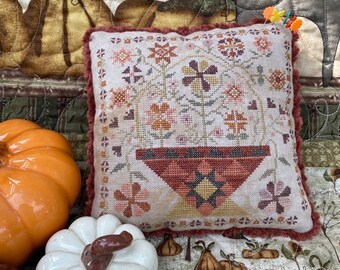 Counted Cross Stitch Pattern, Betsy's Autumn Basket, Pinkeep, Pillow Ornament, Pansy Patch Quilts and Stitchery, PATTERN ONLY