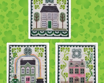 Counted Cross Stitch Pattern, St Patrick's House Trio, Leprechaun House, Shamrock House, Waxing Moon Designs, PATTERN ONLY