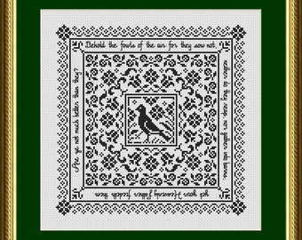 Counted Cross Stitch Pattern, Bird Sampler 2, Motifs Sampler, Matthew 6:26, Inspirational, Religious, Happiness is Heart Made, PATTERN ONLY