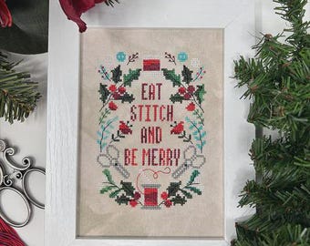 Counted Cross Stitch Pattern, Stitch and Be Merry, Christmas Decor, Flower Motifs, Spool Motifs, Scissors, Tiny Modernist, PATTERN ONLY