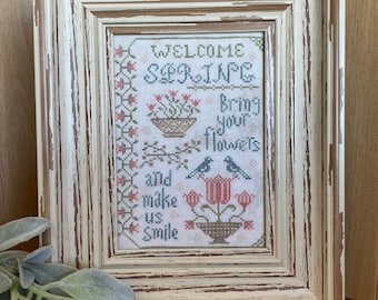 Counted Cross Stitch Pattern, Welcome Spring Sampler, Spring Decor, Tulips, From the Heart, NeedleArt by Wendy, PATTERN ONLY