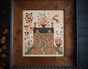 PRE-Order, Cross Stitch Pattern, Autumn Moon, Halloween Decor, Crows, Rabbit, Saltbox House, Plum Street Samplers, PATTERN ONLY