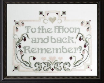 Counted Cross Stitch Pattern, To The Moon And Back, Art Deco Sampler, Valentine's Day, Love, Birgit Tolman, The Wishing Thorn, PATTERN ONLY