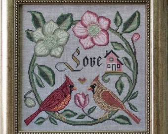 Counted Cross Stitch Pattern, Forever and Ever, Songbird's Garden, Cardinals, Christmas Rose, Folk Art, Cottage Garden, PATTERN ONLY