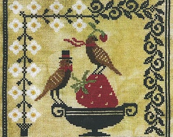 Counted Cross Stitch Pattern, Posh Strawberry Picnic, Pennsylvania Dutch Design, Bird, Folk Art, Whimsical, Artful Offerings, PATTERN ONLY