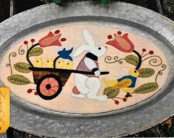 Wool Applique Pattern, Spring Fling, Table Mat, Easter Decor, Farmhouse, Rabbit, Primitive Decor, Wool Mat, Sew Cherished, PATTERN ONLY