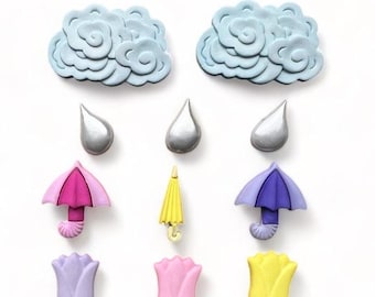 April Showers, Spring Collection, Pastel Umbrellas, Raindrops, Tulips, Clouds, Sewing Embellishment, Flatbackz, #4470, Buttons Galore & More