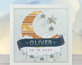 Counted Cross Stitch, Moon and Stars, Modern Baby Sampler, Personalize, Lindsey Whitney, Counting Puddles, PATTERN ONLY