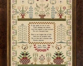 Counted Cross Stitch Pattern, Ruth Bates 1823, Reproduction Sampler, Floral Motifs, Birds, Hands Across the Sea, PATTERN ONLY