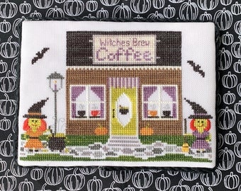 Counted Cross Stitch, Coffee Shop , Spooky Hollow Series, Halloween Decor, Witches, Bats, Cottage Chic, Little Stitch Girl, PATTERN ONLY