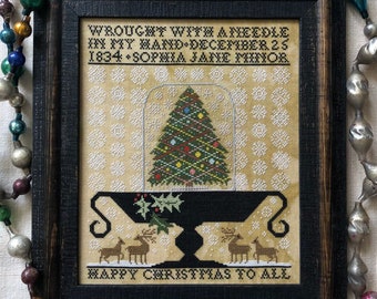 Counted Cross Stitch Pattern, Happy Christmas, Sampler, Christmas Decor, Pillow Ornament, Reindeer, Kathy Barrick, PATTERN ONLY