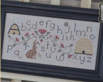 Counted Cross Stitch Pattern, Bunny and Bee, Sampler, Rabbit, Bee Skep, Alphabet Sampler, Annie Beez Folk Art, PATTERN ONLY