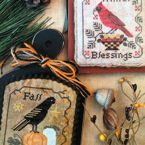 Counted Cross Stitch, Season's Blessings, Fall, Winter Blessings, Pumpkin, Crow, Fall Leaves, Cardinal, Snow, Lila's Studio,  PATTERN ONLY