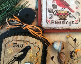 Counted Cross Stitch, Season's Blessings, Fall, Winter Blessings, Pumpkin, Crow, Fall Leaves, Cardinal, Snow, Lila's Studio,  PATTERN ONLY