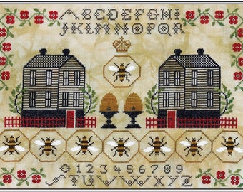 Counted Cross Stitch Pattern, Honey Hill Hamlet, A Simple Sampler, Queen Bee, Bee Skep, Clapboard Houses, Artful Offerings, PATTERN ONLY