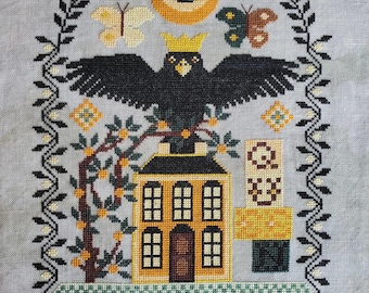 Counted Cross Stitch, Queenie, Quaker Style, Farmhouse Decor, Crow, Flower Motifs, Leaf Vine, Gigi Reavis, The Artsy Housewife, PATTERN ONLY