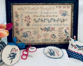 Counted Cross Stitch Pattern, Bluebirds of Happiness, Pincushion, Scissor Fob, Smalls, Flower Motifs, J B W Designs, PATTERN ONLY