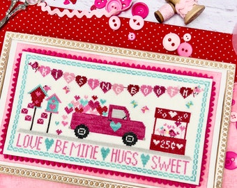 Counted Cross Stitch Pattern, Loads of Love, Valentines Day, Cottage Chic, Pick Up Truck, Banner, Hearts, Primrose Cottage, PATTERN ONLY