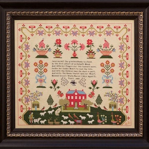 May include: A framed sampler with a poem about a child's first embroidery work. The poem is surrounded by a border of flowers and a scene of a red house, trees, birds, and sheep. The text reads: "Jesus permit thy gracious Hame to stand, As the first effort of an infants Hand. And while her Fingers d'er this Canvar's move, Incline her tender Heart to sack thy love, And with thy Children may she share a part, And write thy Hame thyself upon her Heart, Hannah Green's Work. March 1.1826 Aged 12. Years"