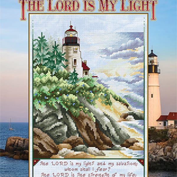 Counted Cross Stitch Pattern, The Lord is My Light, Psalm 27:1, Lighthouse, Ocean View, Inspirational Sampler, Stoney Creek, PATTERN ONLY