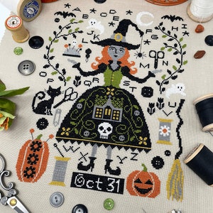 Counted Cross Stitch Pattern, The Stitch Witch, Halloween Sampler, Black Cat, Alphabet Sampler, Sewing Motifs, Tiny Modernist, PATTERN ONLY